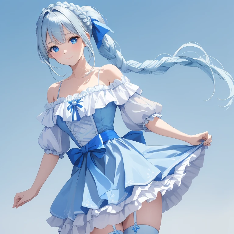 1lady, solo, best quality, masterpiece,
(light blue and white off shoulder frill blouse) and (indigo flared skirt) and (zettai ryouiki),
(Light blue long braid ponytail) and (blue eyes, drooping eyes),
smile, standing,
sharp outline, gray background, simple background