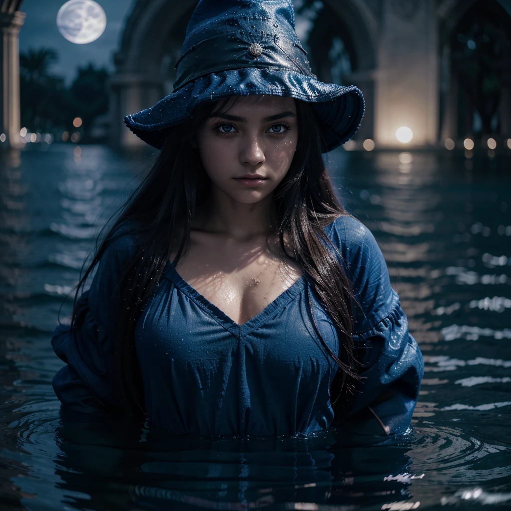 dark magician girl, Masterpiece, Best Quality, (1 girl), Alone, (water), wide, by rubio, blue hats, Wizard hat, spell casting, castillo, castillo:2, motion blur, book, magic, (Moonlight:1.2), chromatic aberration, depth of field, soft lighting, Very detailed face, very detailed eyes,