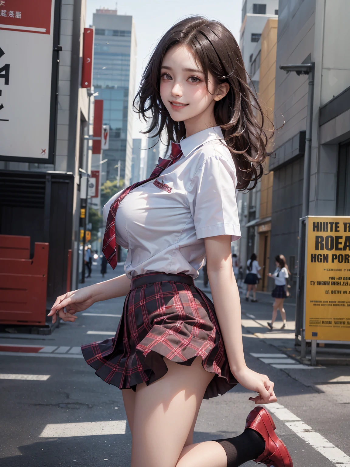 (masterpiece:1.3, Highest quality, Ultra-high resolution, Super detailed), (Realistic, photoRealistic:1.4), Perfect lighting, Natural light, colorful, Depth of written boundary, Browsing Caution, Surrealism, Front view,Beautiful detailed hair, Beautifully detailed face, Beautiful fine details, Beautiful valley,Beautiful clavicle, Beautiful body, thin脚,Beautiful feet, Beautiful breasts,Beautiful Hands, thin, ((1 girl)), Nipple hardening ,Perfect Face, Long eyelashes,Perfect Anatomy, Supermodel with a long neck,((Skinny1.2)),((Jump:1.4)), ((from side:1.2)), looking at the camera,(Perfect Anatomy,Highly detailed skin), Shiny skin,((beautiful girl:1.1)),(( large breasts:1.3)), ((Cute smile:1.3)),(Mid-length hair:1.4, Wavy Hair:1.2, Black Hair) ,hair over one eye, Dainty facial structure,photo shoot, Sharp focus, Face Light,((school uniform, red skirt in plaid skirt)),((school uniform, short sleeve shirt:1.2)), ((school uniform, tie)), Red hair ribbon, morning,Tokyo, filled with people crossing the streets. Tall buildings with colorful billboards and advertisements surround the intersection. Bright and lively atmosphere, clear skies, and a sense of movement and energy in the scene,wide angle