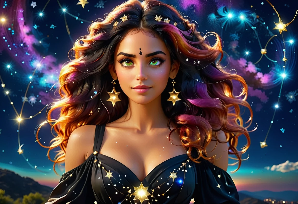 a portrait of an astrologer looking at libra constellation in the night sky, an extraordinary beautiful woman, there is magic in her eyes divining the future from the Libra constellation, dynamic hair color, dynamic hair style, wearing an intricate black dress decorated with glowing stars, she looks to the night sky seeing the ((Libra constellation in the sky: 1.5)), vibrant, Ultra-high resolution, High Contrast, (masterpiece:1.5), highest quality, Best aesthetics), best details, best quality, highres, 16k, [ultra detailed], masterpiece, best quality, (extremely detailed), Cinematic Hollywood Film, magical sky, FireMagicAI, RagingNebula
