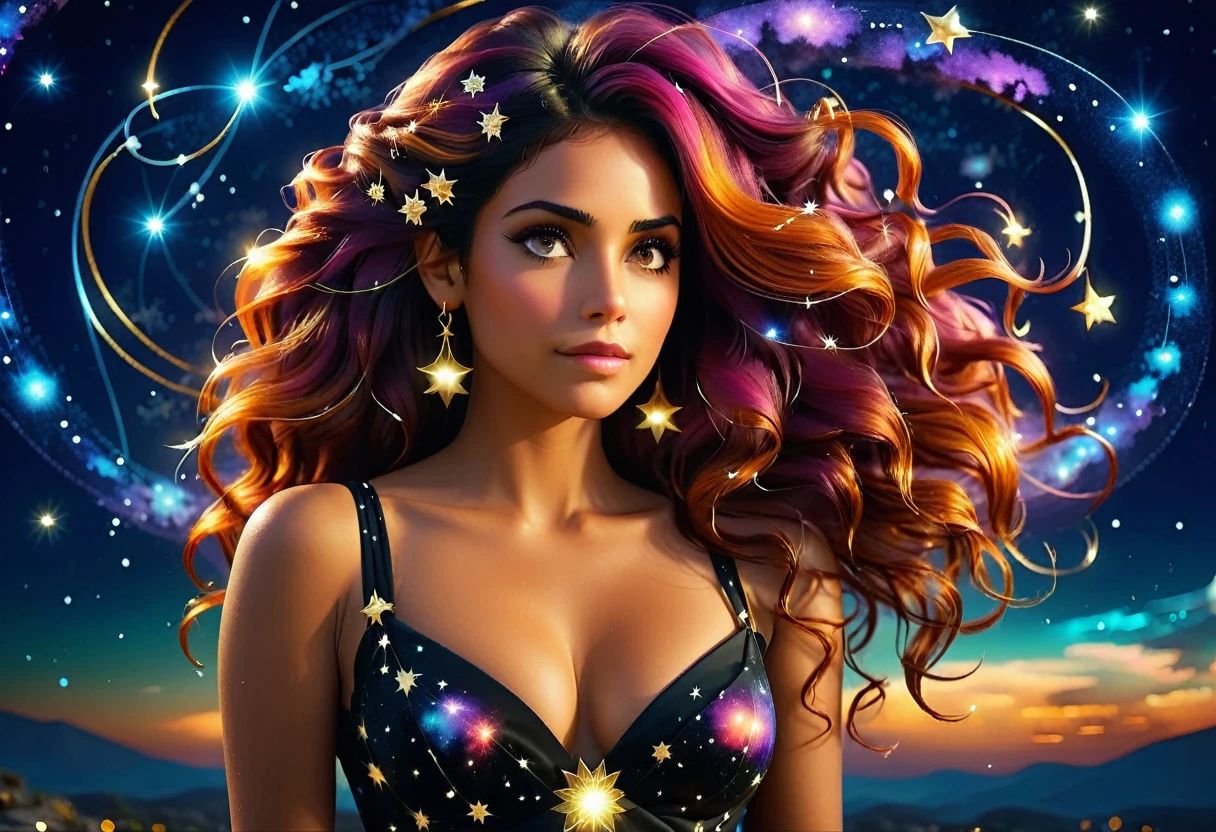a portrait of an astrologer looking at libra constellation in the night sky, an extraordinary beautiful woman, there is magic in her eyes divining the future from the Libra constellation, dynamic hair color, dynamic hair style, wearing an intricate black dress decorated with glowing stars, she looks to the night sky seeing the ((Libra constellation in the sky: 1.5)), vibrant, Ultra-high resolution, High Contrast, (masterpiece:1.5), highest quality, Best aesthetics), best details, best quality, highres, 16k, [ultra detailed], masterpiece, best quality, (extremely detailed), Cinematic Hollywood Film, magical sky, FireMagicAI, RagingNebula