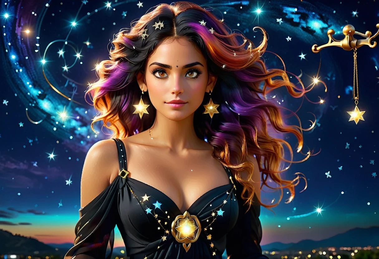 a portrait of an astrologer looking at libra constellation in the night sky, an extraordinary beautiful woman, there is magic in her eyes divining the future from the Libra constellation, dynamic hair color, dynamic hair style, wearing an intricate black dress decorated with glowing stars, she looks to the night sky seeing the ((Libra constellation in the sky: 1.5)), vibrant, Ultra-high resolution, High Contrast, (masterpiece:1.5), highest quality, Best aesthetics), best details, best quality, highres, 16k, [ultra detailed], masterpiece, best quality, (extremely detailed), Cinematic Hollywood Film, magical sky, FireMagicAI, RagingNebula