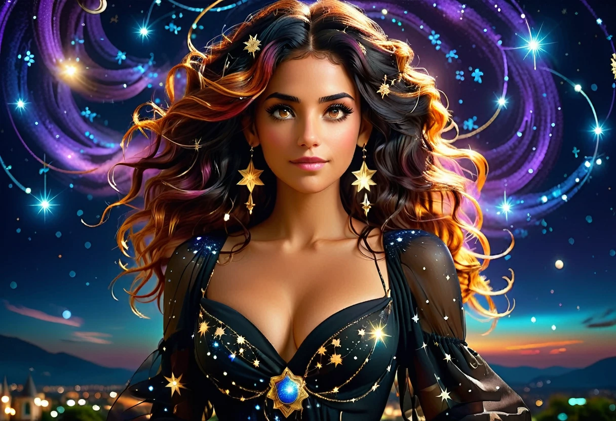 a portrait of an astrologer looking at libra constellation in the night sky, an extraordinary beautiful woman, there is magic in her eyes divining the future from the Libra constellation, dynamic hair color, dynamic hair style, wearing an intricate black dress decorated with glowing stars, she looks to the night sky seeing the ((Libra constellation in the sky: 1.5)), vibrant, Ultra-high resolution, High Contrast, (masterpiece:1.5), highest quality, Best aesthetics), best details, best quality, highres, 16k, [ultra detailed], masterpiece, best quality, (extremely detailed), Cinematic Hollywood Film, magical sky, FireMagicAI, RagingNebula