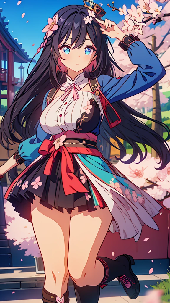 best quality, extremely detailed, anime style adult 1girl, long hair down to the waist, straight hair, ((dark black hair with bluish)),crown braid,beautiful detailed eyes, pinched eyes, dark blue eyes, huge breasts,curvy,(((colorful clothing))),Western clothes,Active Clothing,Clothing with intricate decorations,((foppery shoes)),animation cap,animated gif,((((Cherry Blossom Park)))),