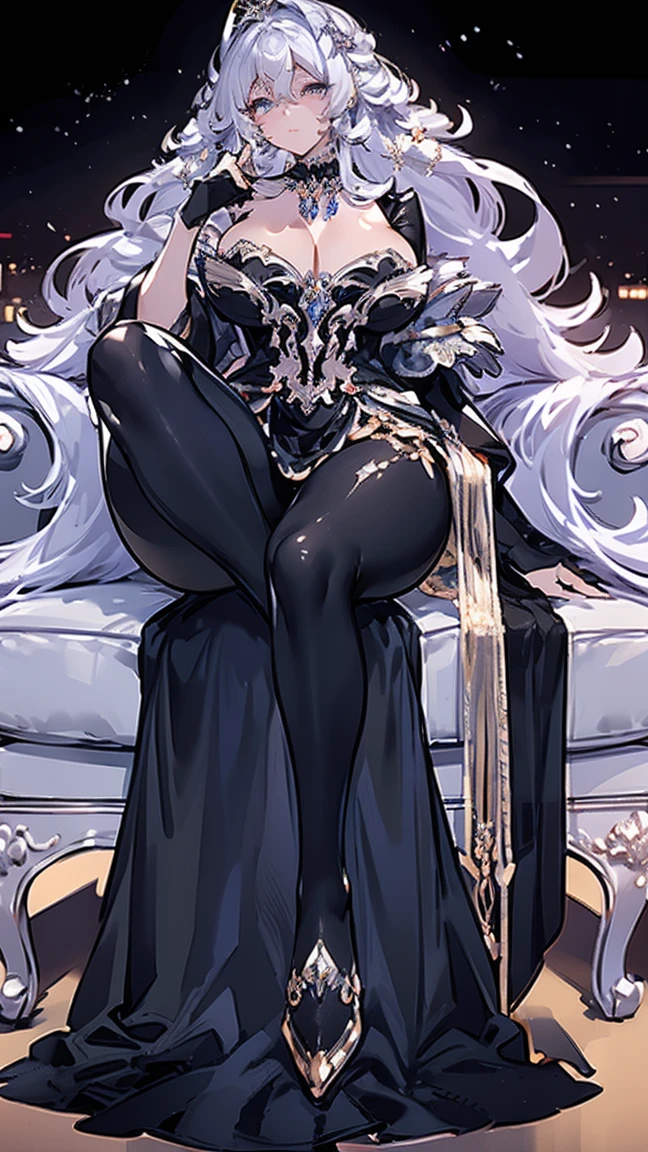 Fat butt,Busty,Tall,tall,a woman,masterpiece,best quality,The face beautiful,black stockings,Crystal shoes,noble,abdominal musclelack hair,god,evening dress,Diamond decoration,front,whole body,evening dreslack dress,noble,Crystal Crown,lace,black stockings,Smooth,necklace,earring,High heel,Whitening,cloak,long skirt,lace,starry sky background,conservative clothing,Pants,curve,make up,gorgeous perfect face,wide hips,Tall,sweet lipeautiful gem blue eyes ((sitting on sofa legs wide open, spreading legs wide open, ))