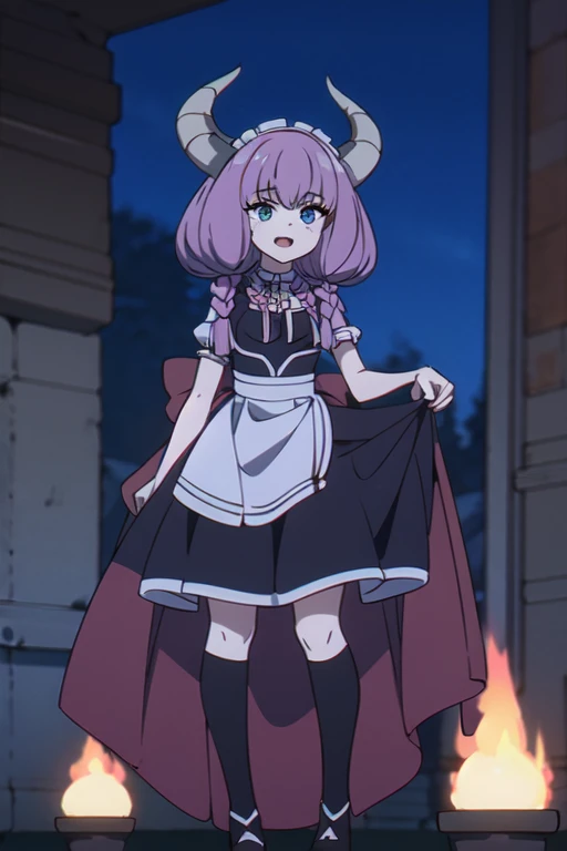 ((Best quality))),((Ultra-detailed)),((illustration)),((Disheveled hair)),((frilld)),(1 girl),(Solo),
1girl,lifted_by_self,looking_at_viewer,open_mouth,solo,rating:safe,apron,black_footwear,black_shoes,clothes_pull,clothing,:d,female,footwear,legwear,long_hair,maid,maid_apron,makaria,open-mouth_smile,puffy_sleeves,shoes,skirt,skirt_hold,skirt_lift,skirt_pull,maid_skirt,smile,standing,white_legwear,
pink hair,grey hair,Horns,