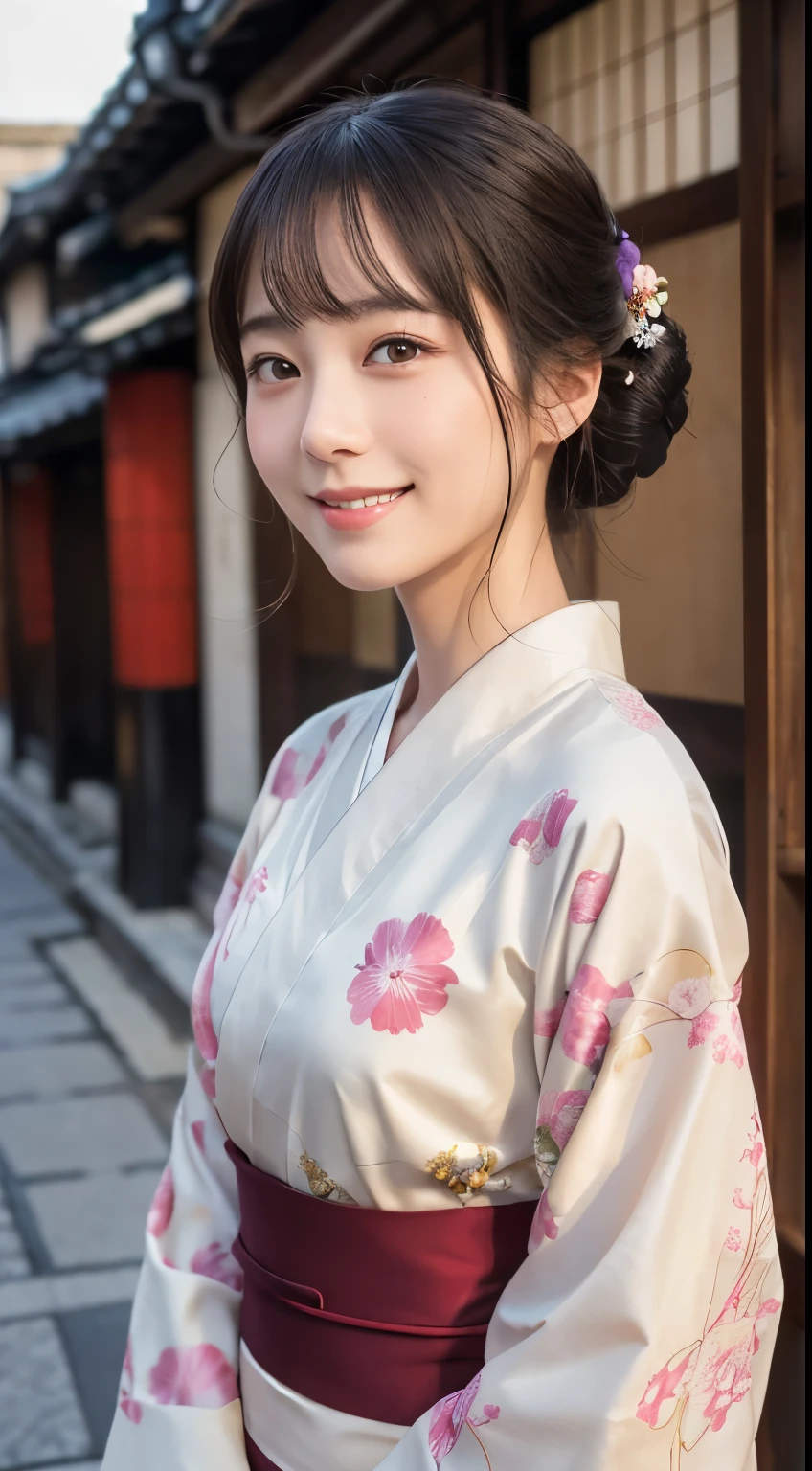 Professional Lighting,(Realistic:1.4), (Top image quality:1.0), (超High resolution:1.0), 8K, Raw photography, (masterpiece:0.2), (Dealing with the Children_v1:0.5)、(最高quality Detail:1.2)、Realistic、8K Ultra HD、High resolution、(1 Girl:1.2)、超detailedな、High quality textures、複雑なdetailed、detailed、Very detailed CG、High quality shadows、detailed 美しく繊細な顔、Beautiful details and a delicate eye、(Symmetrical eyes:1.2),Written boundary depth、Ray Tracing,1 Girl, Japanese Girls, (Natural smile:1.4),cute, thin, Portrait of a beautiful Japanese woman in a kimono, Standing elegantly on a street corner in Kyoto. Kimono with vibrant traditional patterns, Hair decorated with elegant and delicate hairpins, Gentle expression. (With the old streets of Kyoto in the background:1.4)、The soft light of a spring afternoon、Adding tranquility to the scene. Rendered in a Realistic style with great attention to detail, High resolutionの画像.Sky Porn, Magic Hour, (Realistic:1.3), finely, quality, (Tabletop:1.2), (Realistic:1.2), (最高quality), (複雑なdetailed), dramatic, Ray Tracing, photograph, +roller