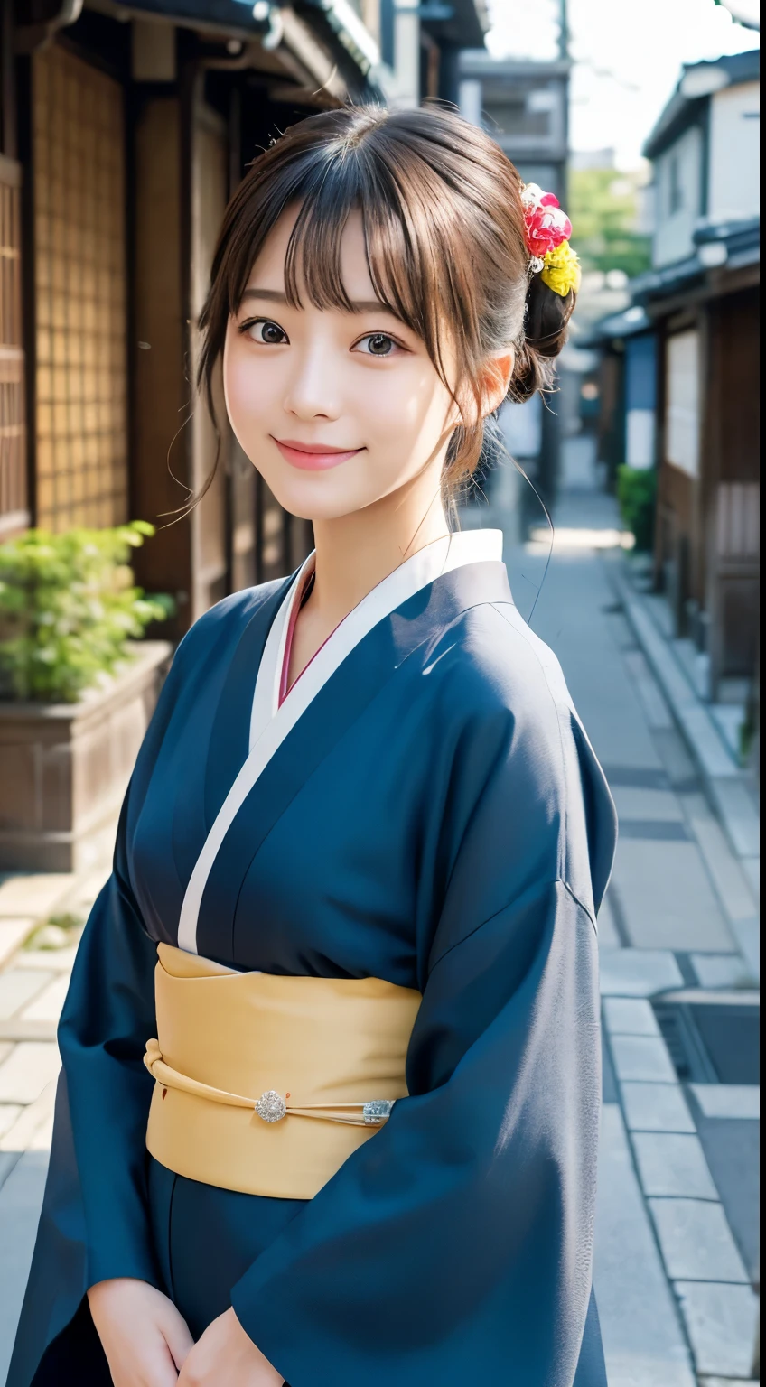 Professional Lighting,(Realistic:1.4), (Top image quality:1.0), (超High resolution:1.0), 8K, Raw photography, (masterpiece:0.2), (Dealing with the Children_v1:0.5)、(最高quality Detail:1.2)、Realistic、8K Ultra HD、High resolution、(1 Girl:1.2)、超detailedな、High quality textures、複雑なdetailed、detailed、Very detailed CG、High quality shadows、detailed 美しく繊細な顔、Beautiful details and a delicate eye、(Symmetrical eyes:1.2),Written boundary depth、Ray Tracing,1 Girl, Japanese Girls, (Natural smile:1.4),cute, thin, Portrait of a beautiful Japanese woman in a kimono, Standing elegantly on a street corner in Kyoto. Kimono with vibrant traditional patterns, Hair decorated with elegant and delicate hairpins, Gentle expression. (With the old streets of Kyoto in the background:1.4)、The soft light of a spring afternoon、Adding tranquility to the scene. Rendered in a Realistic style with great attention to detail, High resolutionの画像.Sky ????, Magic Hour, (Realistic:1.3), finely, quality, (Tabletop:1.2), (Realistic:1.2), (最高quality), (複雑なdetailed), dramatic, Ray Tracing, photograph, +roller