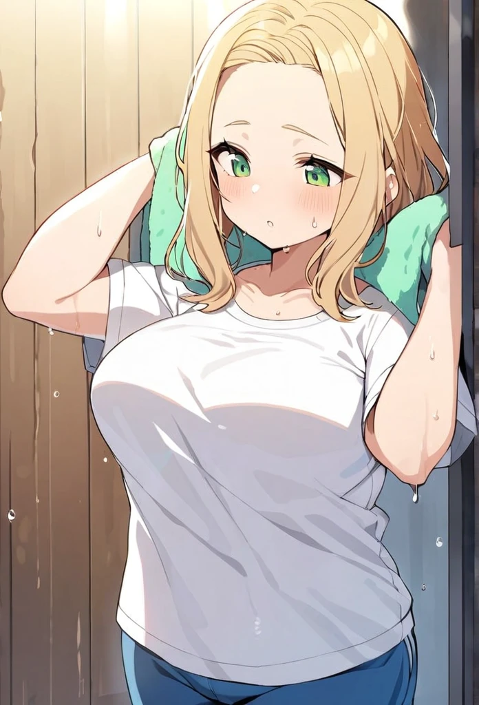 chubby girl, blonde, green eyes, medium length hair, open forehead, no bangs
wet hair, white T-shirt, blue pants, towel 