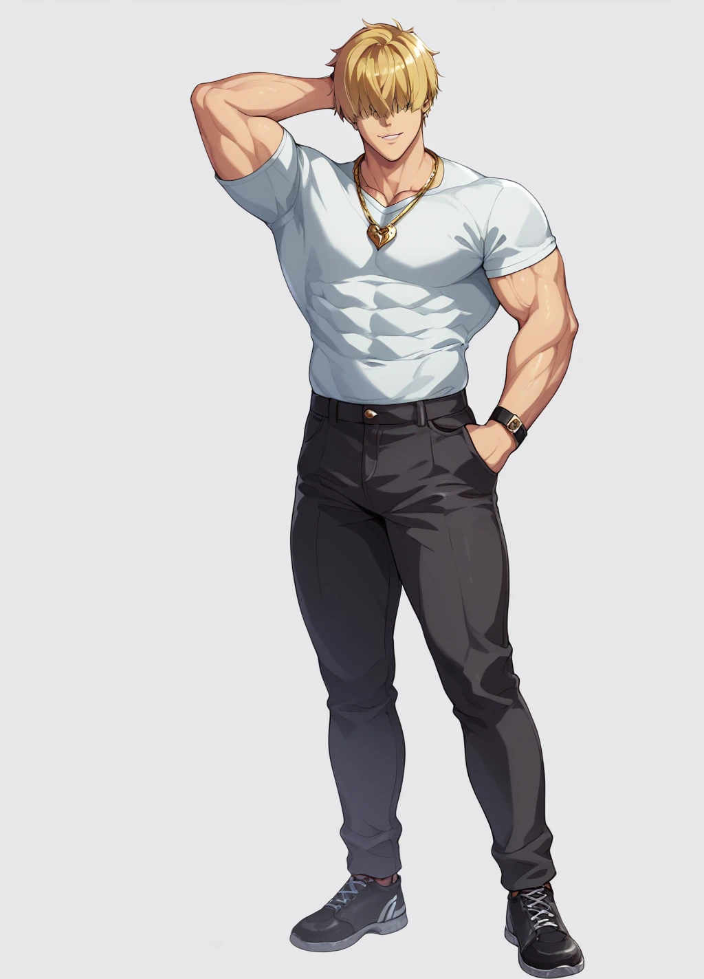 Blonde、Detailed illustrations、Ultra-precise expression、masterpiece、Highest quality、ultra High resolution、High resolution、Hiromitsu Takeda Style、White background、Simple Background、stand、whole body、1 young man、hair over eyes、solo、Bad look、Black Hair、Muscular、stand、White clothes、Black pants、Gold Necklace、Black shoes、Red mark on the back of the right hand、One arm behind head、
