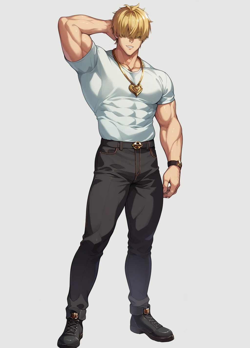 Blonde、Detailed illustrations、Ultra-precise expression、masterpiece、Highest quality、ultra High resolution、High resolution、Hiromitsu Takeda Style、White background、Simple Background、stand、whole body、1 young man、hair over eyes、solo、Bad look、Black Hair、Muscular、stand、White clothes、Black pants、Gold Necklace、Black shoes、Red mark on the back of the right hand、One arm behind head、