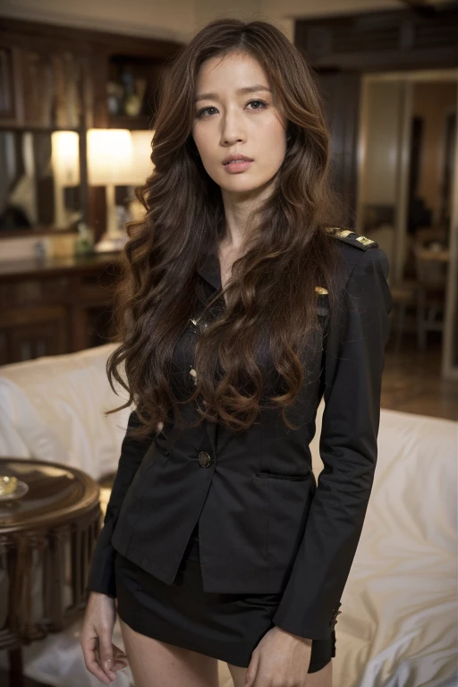 tense atmosphere, (original photography:1.3), (best quality), (Extremely detailed),(Messy hair),(Inspired by the 007 movie),(Real stills:1.3),007 Style,American female agent,long golden curly hair,Very detailed face,U.S. military combat uniform,long legs