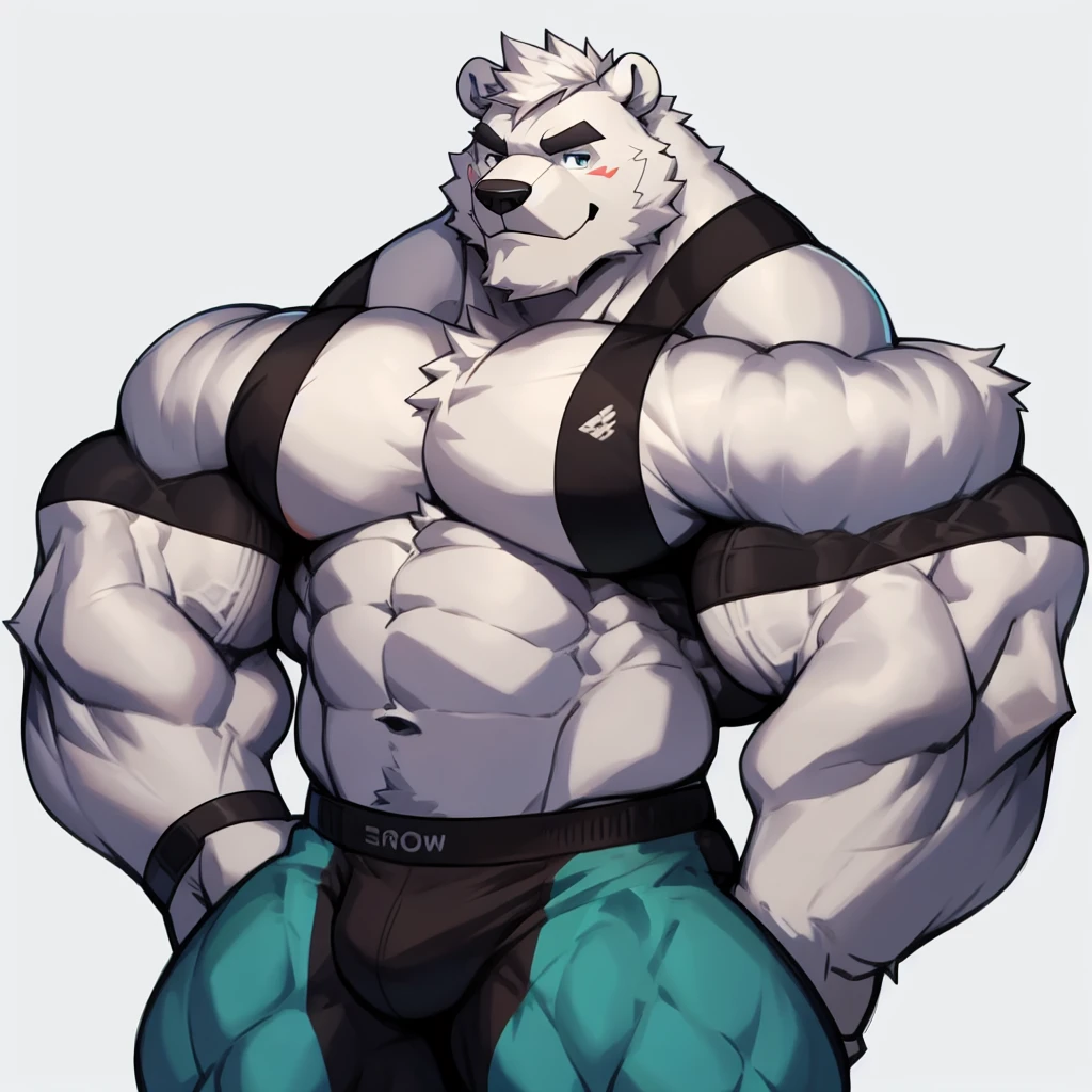 solo, 1boy, Huge Muscular White Polar Bear wearing glasses, huge white fur, pectoral, huge pectoral, wide pectoral, short white hair, blue coloured short pants, blue coloured wristbands and blue coloured tank top, white bearded, white Mustache, white fur, black eyebrows, simple background, masterpiece, high detailed, 8k, high resolution, at the gym, flexes huge muscles, looking at the viewer, acting all sexy