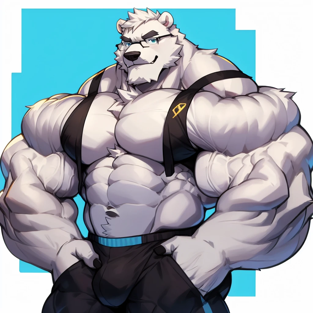 solo, 1boy, Huge Muscular White Polar Bear wearing glasses, huge white fur, pectoral, huge pectoral, wide pectoral, short white hair, blue coloured short pants, blue coloured wristbands and blue coloured tank top, white bearded, white Mustache, white fur, black eyebrows, simple background, masterpiece, high detailed, 8k, high resolution, at the gym, flexes huge muscles, looking at the viewer, acting all sexy