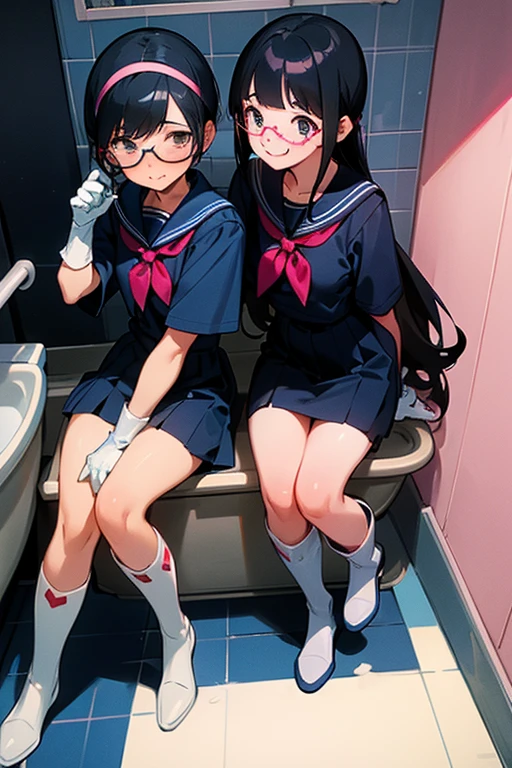 A pair of freckled, glasses-wearing high school girls with narrow eyes and black hair tied up in long-sleeved navy blue sailor uniforms, wearing oversized pink rubber gloves and white rubber boots, smiling as they clean the school toilets