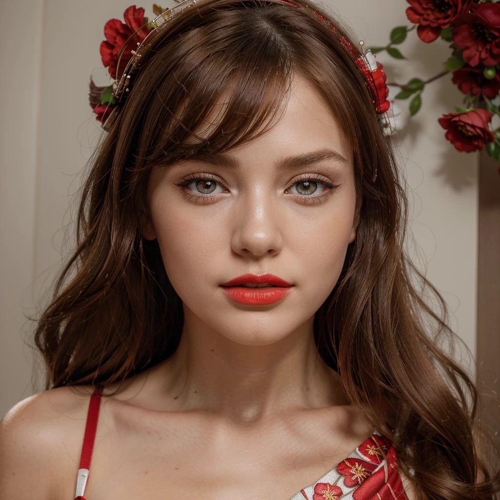 (best quality,4k,8k,highres,masterpiece:1.2),ultra-detailed,(realistic,photorealistic,photo-realistic:1.37),1girl,beautiful anime girl,wearing a red dress,flower crown,pretty face,detailed face,beautiful eyes,detailed eyes,dark red eyes,bright red lips,red lipstick,beautiful stylish hair,highlights in hair,bangs anime style,vibrant,detailed illustration,anime,studio lighting,professional,vivid colors