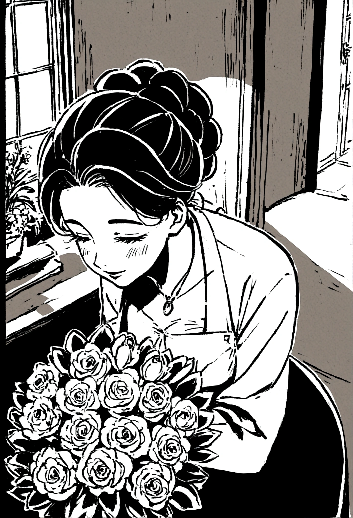 black and white manga style, a lady with Latin features, She is in her kitchen while looking at a bouquet of flowers with happiness.