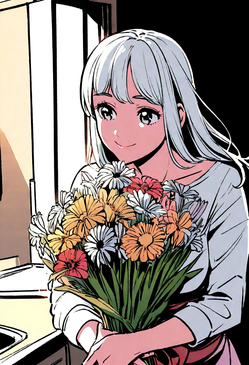 black and white manga style, a lady with Latin features, She is in her kitchen while looking at a bouquet of flowers with happiness.