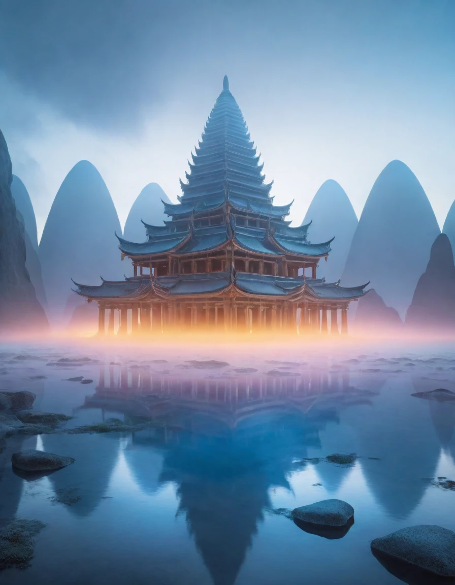 Alien landscape of huge mysterious temples in a cold atmosphere, Predicts supernatural weather. The scene is filled with breathtaking beauty, Showcasing ultra-realistic textures and stunning lighting. The winning photo, Shot in 8k with a Canon EOS R5, Popular on ArtStation. Peaceful environment,Uninhabited, Vibrant floating objects glowing around, The misty sky adds to the otherworldly beauty, Showing its magnificence.