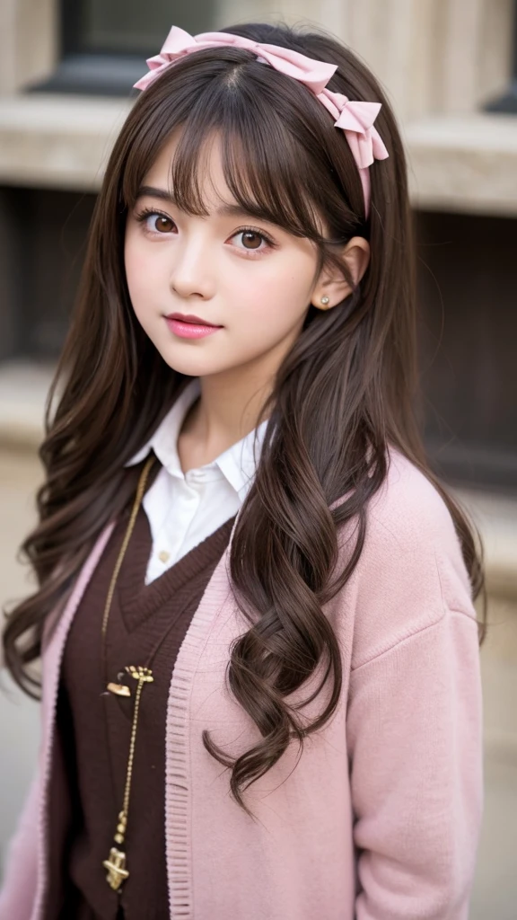 a girl with dark brown hair, brown eyes, pink lips wearing a harry potter type outfit