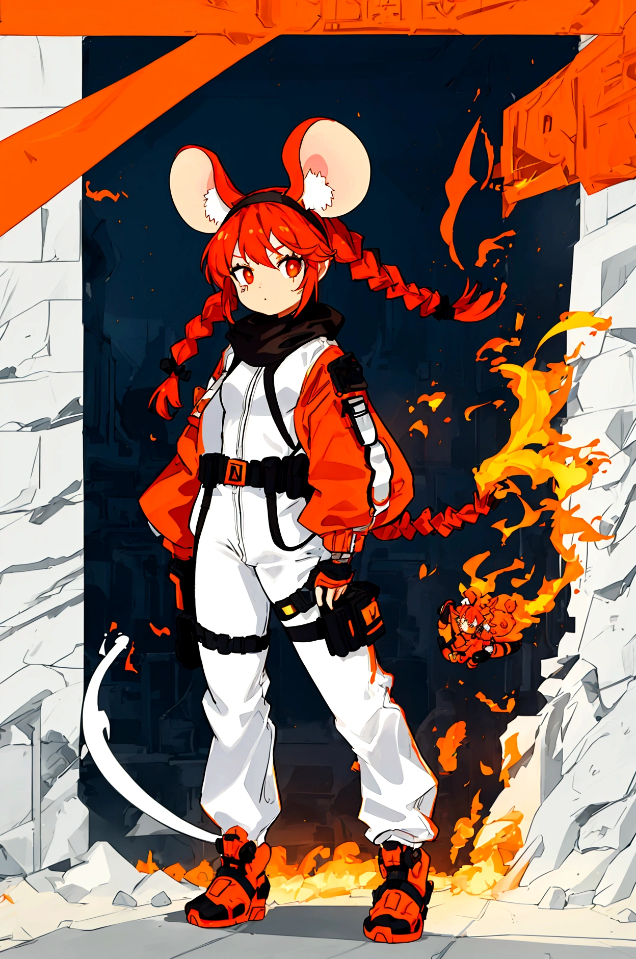 (1girl, standing) short, thin, tiny, small, young, light brown skin girl, egyptian, mouse ears, mouse tail, flame accents, white body suit, white full bodysuit with blue accents, cyberpunk tech suit, long hair, dark orange hair, white head scarf, blue and orange hair beads, cropped jacket, orange jacket, black utility belt with huge black pouches on hips, tech belt, giant hip saddlebags, big eyes, head bandana, turtle neck bodysuit, hair accessories, small braids in hair, hair half up half down, hair stripes, head jewelry, techwear, fire patches, bandages, large ears, glove, fingerless asymmetrical glove, wrapped hands, safety goggles around neck, black straps, fire theme, gun, flaming mouse tail, jacket patches, 