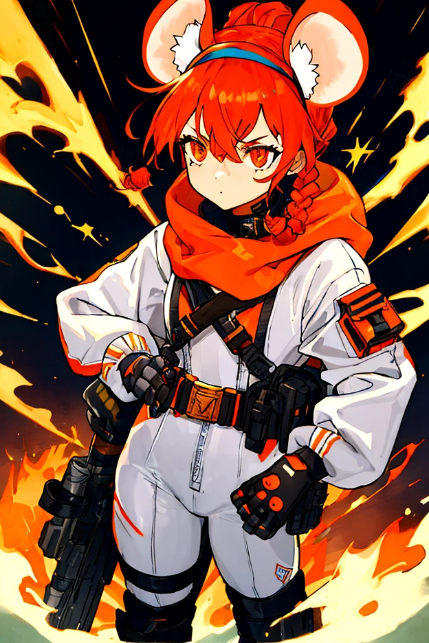 (1girl, standing) short, thin, tiny, small, young, light brown skin girl, egyptian, mouse ears, mouse tail, flame accents, white body suit, white full bodysuit with blue accents, cyberpunk tech suit, long hair, dark orange hair, white head scarf, blue and orange hair beads, cropped jacket, orange jacket, black utility belt with huge black pouches on hips, tech belt, giant hip saddlebags, big eyes, head bandana, turtle neck bodysuit, hair accessories, small braids in hair, hair half up half down, hair stripes, head jewelry, techwear, fire patches, bandages, large ears, glove, fingerless asymmetrical glove, wrapped hands, safety goggles around neck, black straps, fire theme, gun, flaming mouse tail, jacket patches,