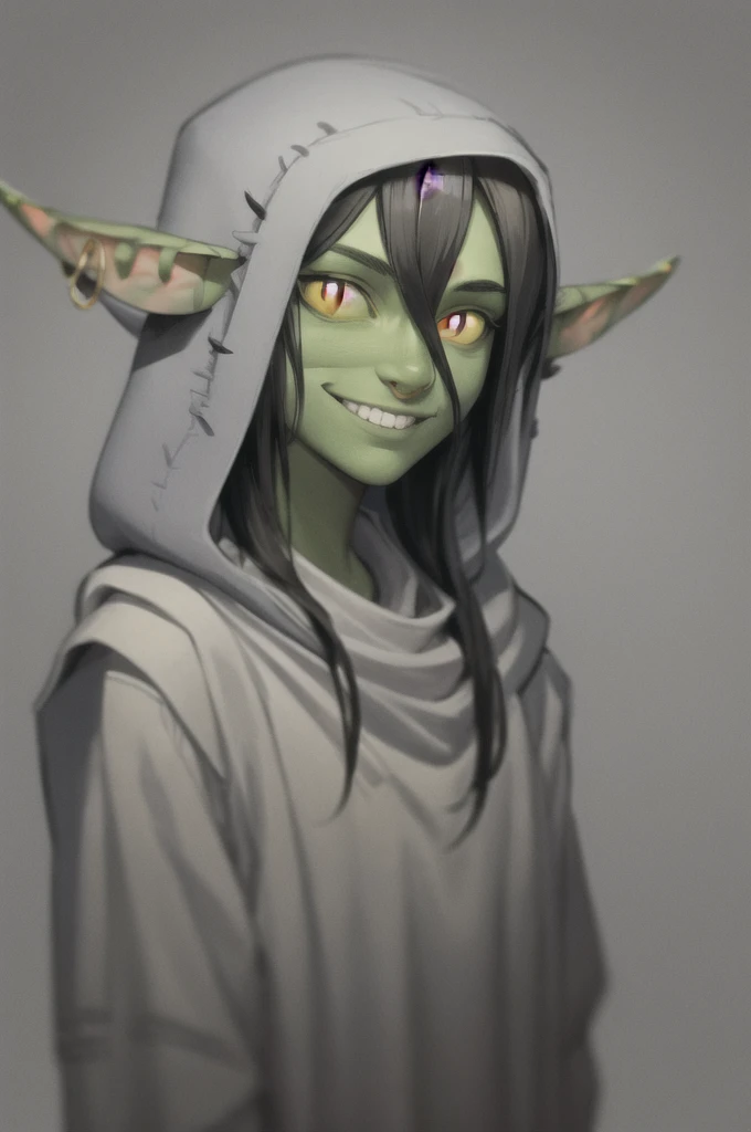 masterpiece, best quality,
1boy, nott, black hair, yellow eyes, colored sclera, pointy ears, colored skin, green skin, shortstack, hood,
smile, upper body, solo, looking at viewer, simple background   