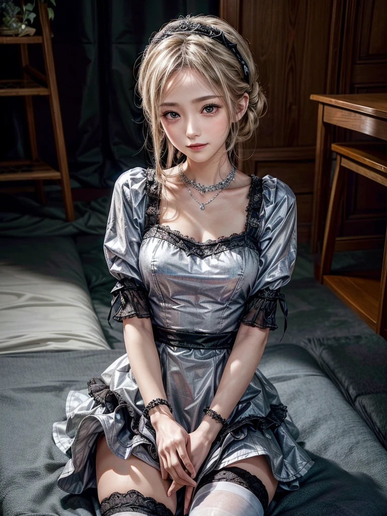 (8K, Photorealistic, Raw photo, of the highest quality: 1.3), (1girl in), Super beautiful, (Realistic face), (boyish, Silver Color Berry Shorthair), Beautiful , Glare that captivates the viewer, Beautiful expression, Beautiful breasts, (Realistic skin), Be...Super high quality, super high definition, super detailed, masterpiece, 20years old, female, cute, perfect face, beautiful, nice body, gothic ta clothes, gothic loliashion, frilly skirt, headdress, necklace, bracelet, knee-high socks, boots, double eyelids, tear bags, Detailed down to the fingers, photo-like description, indoors, dim indoor lighting, blonde hair, pony tail, standing, whole body, composition that shows the whole body, smiling