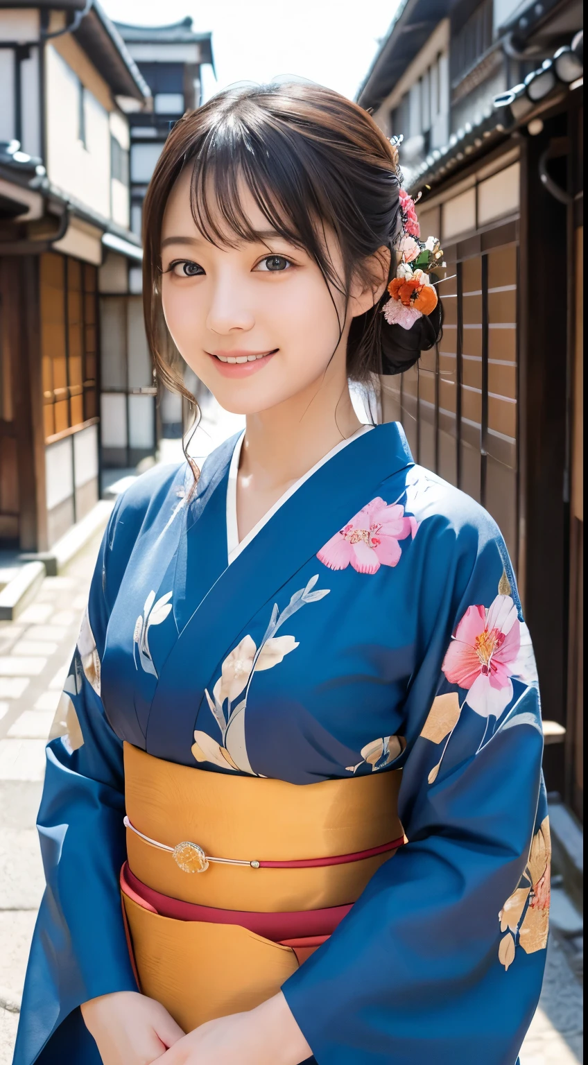Professional Lighting,(Realistic:1.4), (Top image quality:1.0), (超High resolution:1.0), 8K, Raw photography, (masterpiece:0.2), (Dealing with the Children_v1:0.5)、(最高quality Detail:1.2)、Realistic、8K Ultra HD、High resolution、(1 Girl:1.2)、超detailedな、High quality textures、複雑なdetailed、detailed、Very detailed CG、High quality shadows、detailed 美しく繊細な顔、Beautiful details and a delicate eye、(Symmetrical eyes:1.2),Written boundary depth、Ray Tracing,1 Girl, Japanese Girls, (Natural smile:1.4),cute, thin, Portrait of a beautiful Japanese woman in a kimono, Standing elegantly on a street corner in Kyoto. Kimono with vibrant traditional patterns, Hair decorated with elegant and delicate hairpins, Gentle expression. (With the old streets of Kyoto in the background:1.4)、The soft light of a spring afternoon、Adding tranquility to the scene. Rendered in a Realistic style with great attention to detail, High resolutionの画像.Sky Porn, Magic Hour, (Realistic:1.3), finely, quality, (Tabletop:1.2), (Realistic:1.2), (最高quality), (複雑なdetailed), dramatic, Ray Tracing, photograph, +roller