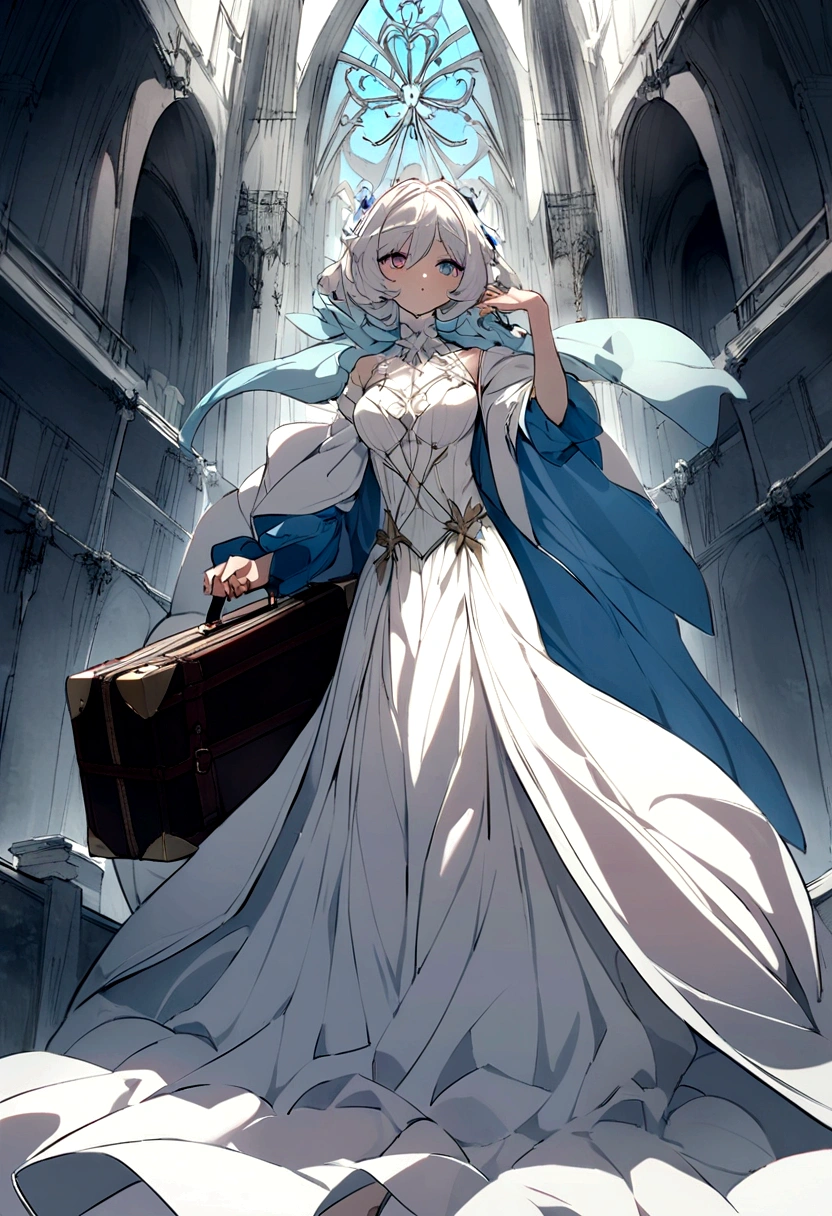 Une superbe jeune beauté allemande, aux yeux bleus perçants, petits seins et longs cheveux blonds flottants,une robe blanche , on voit son corp entier jusqu'au pied et qui et avec sa valise pour l'avion, la lumière naturelle met en valeur les traits du visage, les ombres douces sur les contours du visage, le contraste vibrant entre les tons chair chauds et les teintes froides de l'arrière-plan, la composition ultra légère, le nombre d'or, L'éclairage dramatique