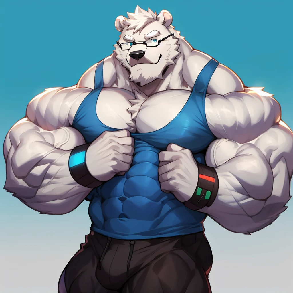 solo, 1boy, Huge Muscular White Polar Bear wearing glasses, huge white fur, pectoral, huge pectoral, wide pectoral, short white hair, blue colored short pants, blue colored wristbands and blue colored tank top, white bearded, white Mustache, white fur, black eyebrows, simple background, masterpiece, high detailed, 8k, high resolution, at the gym, flexes huge muscles, looking at the viewer, acting all sexy