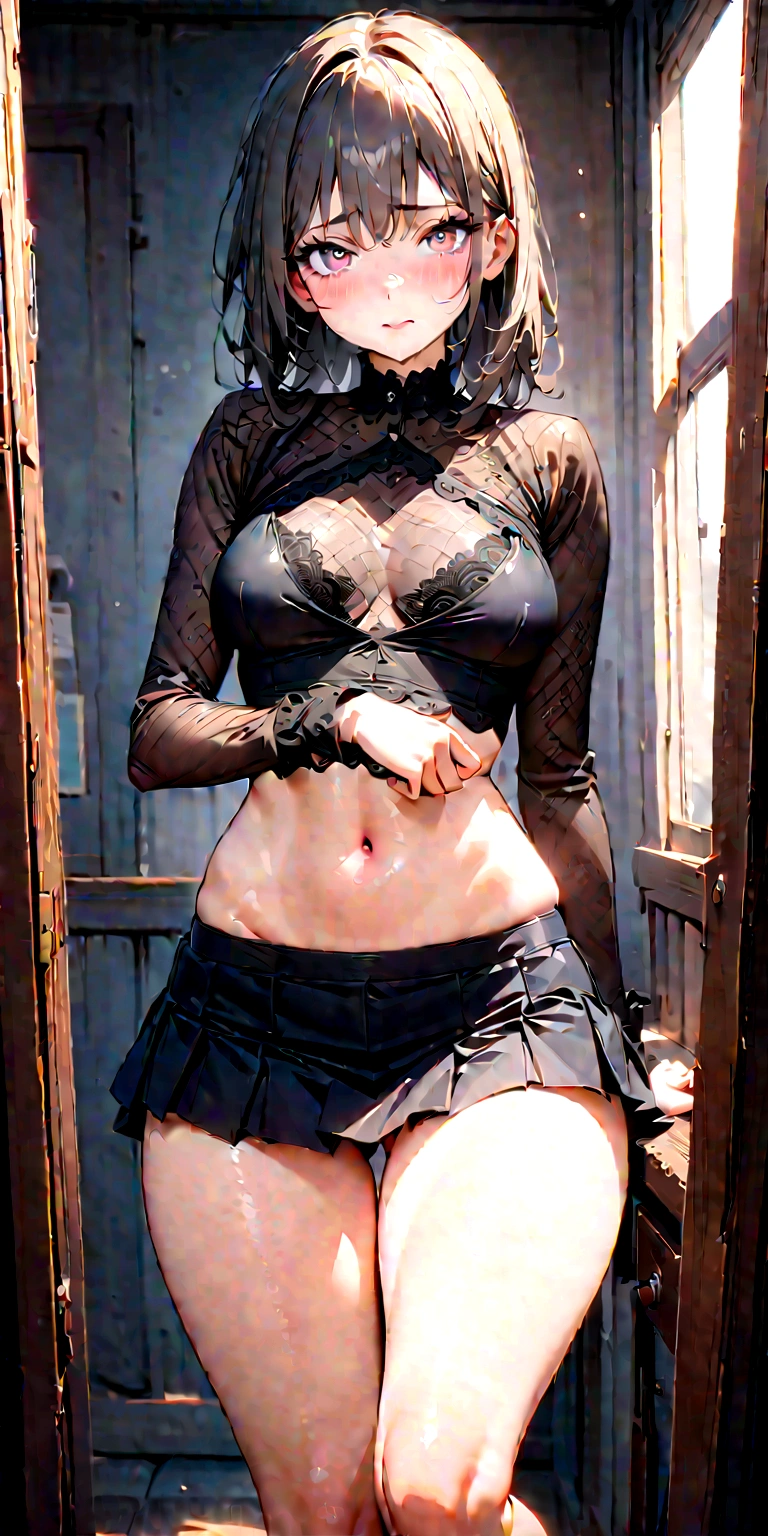 8k, masterpiece,A girl wearing gray micro skirt and black lacy top, colour fluid from her body, bring glowing eyes, realistic skin, clear face and perfect symmetry,sexy looking,sexy curves, looking at camera,shy expression,up camera.
