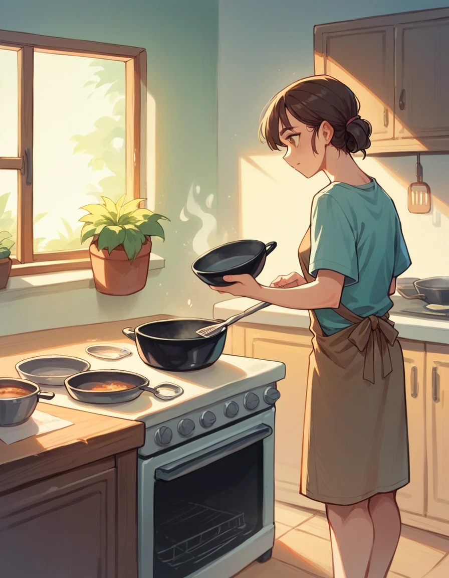 A woman stands in the kitchen near the stove and prepares dinner for her family.. At the same time, the husband sits at the table and watches sweetly.