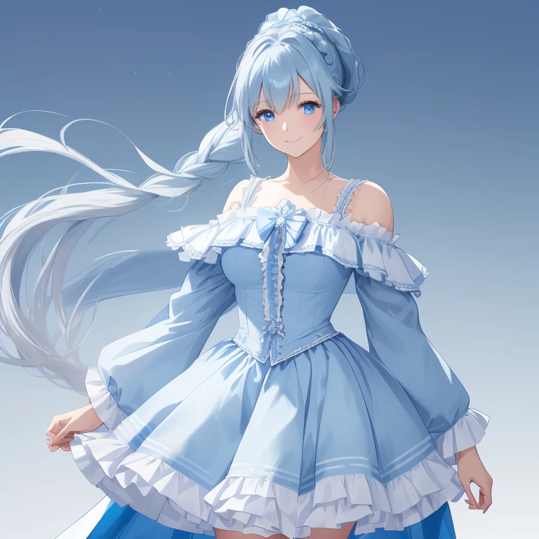 1lady, solo, best quality, masterpiece,
(light blue and white off shoulder frill blouse) and (indigo flared skirt) and (zettai ryouiki),
(Light blue long braid ponytail) and (blue eyes, drooping eyes),
smile, standing,
sharp outline, gray background, simple background