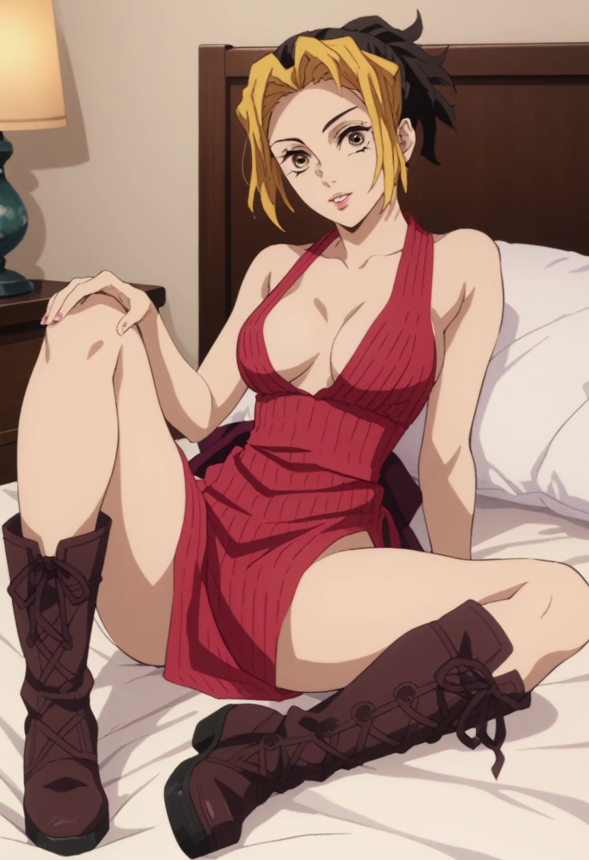 score_9_up, score_8_up, score_7_up, 1girl, solo, mature female, Makio, tied hair, yellow eyes, pink lips, parted lips, fit slim body, perfect medium erected breast, (((red dress, high boots))), (((higly detailed modern luxury bedroom))), looking at the viewer, seductive pose