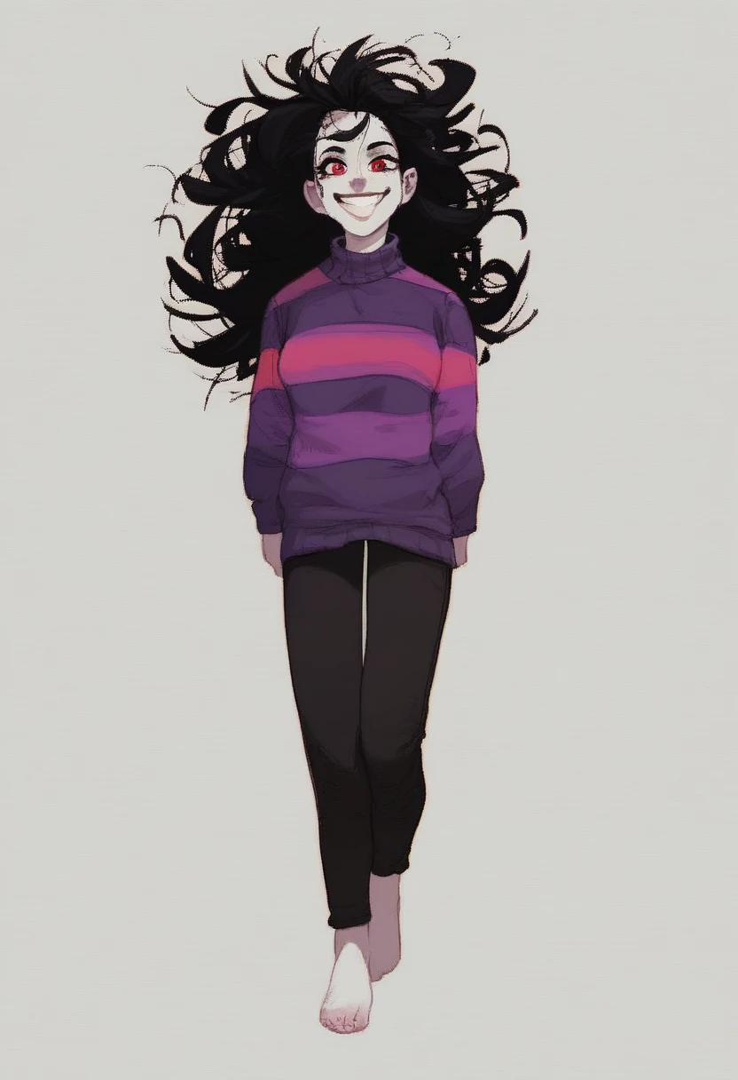 sarah_henderson, 1girl, solo, long hair, smile, simple background, black hair, red eyes, white background, standing, full body, pants, grin, sweater, colored skin, transparent background, messy hair, purple sweater, striped sweater, black arms, black legs, source, white skin