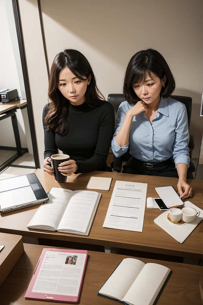 Woman, 30years, with two Shitzu dogs, At the office desk you need to have a notebook, a phone, a cell phone and a cup of coffee, she needs to be thoughtful.
