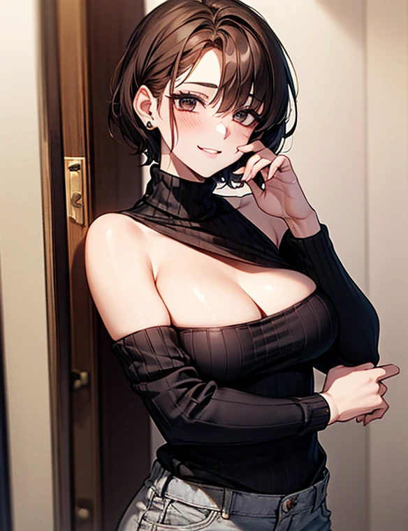 Masterpiece,Highest quality,8K,Ultra-high resolution,appropriate margins,BREAK,1 person,Very beautiful adult woman,Slim body,Very large breasts,BREAK,Dark brown hair,mascara,Eyeliner,lip,Thick eyelashes,BREAK,Black eyes,BREAK,Embarrassed,Shy smile,BREAK,short hair,A little braiding,Wearing hair in one ear,Ragged hair,BREAK,Shorts,Off-the-shoulder turtleneck sweater,BREAK,Posing