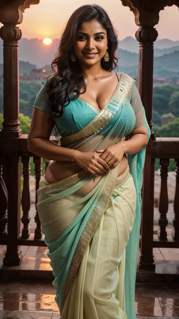 30 years old very fair complexioned busty and very curvy and plump fat Indian aunty woman in a very wet chiffon saree, in a old Indian castle balcony on a sunset, 4k professional photo with color grading, Sharp image, smiling, close up , really sexy