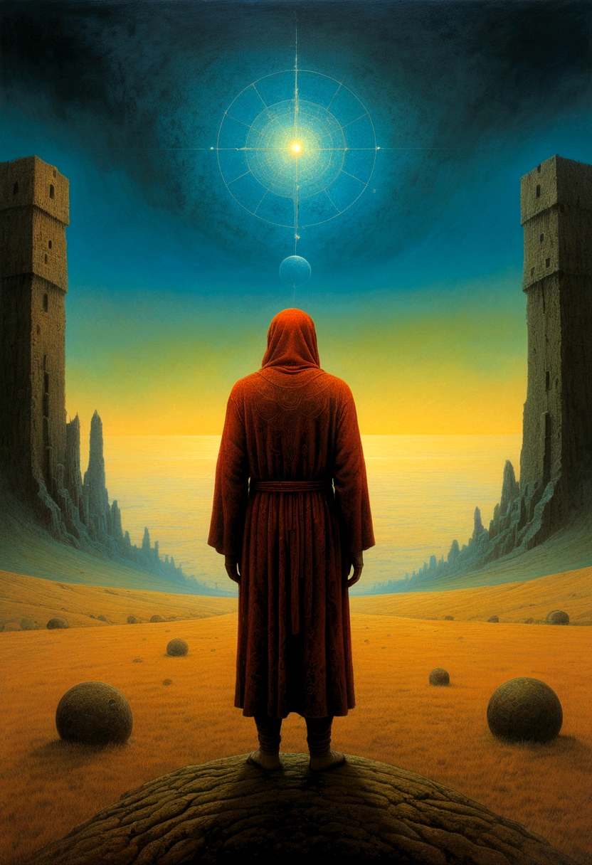 mysterious Astrologer, by James C. Christensen, full body, cinematic still, cinemascope, best quality, masterpiece, very aesthetic, perfect composition, intricate details, ultra-detailed, vivid colors