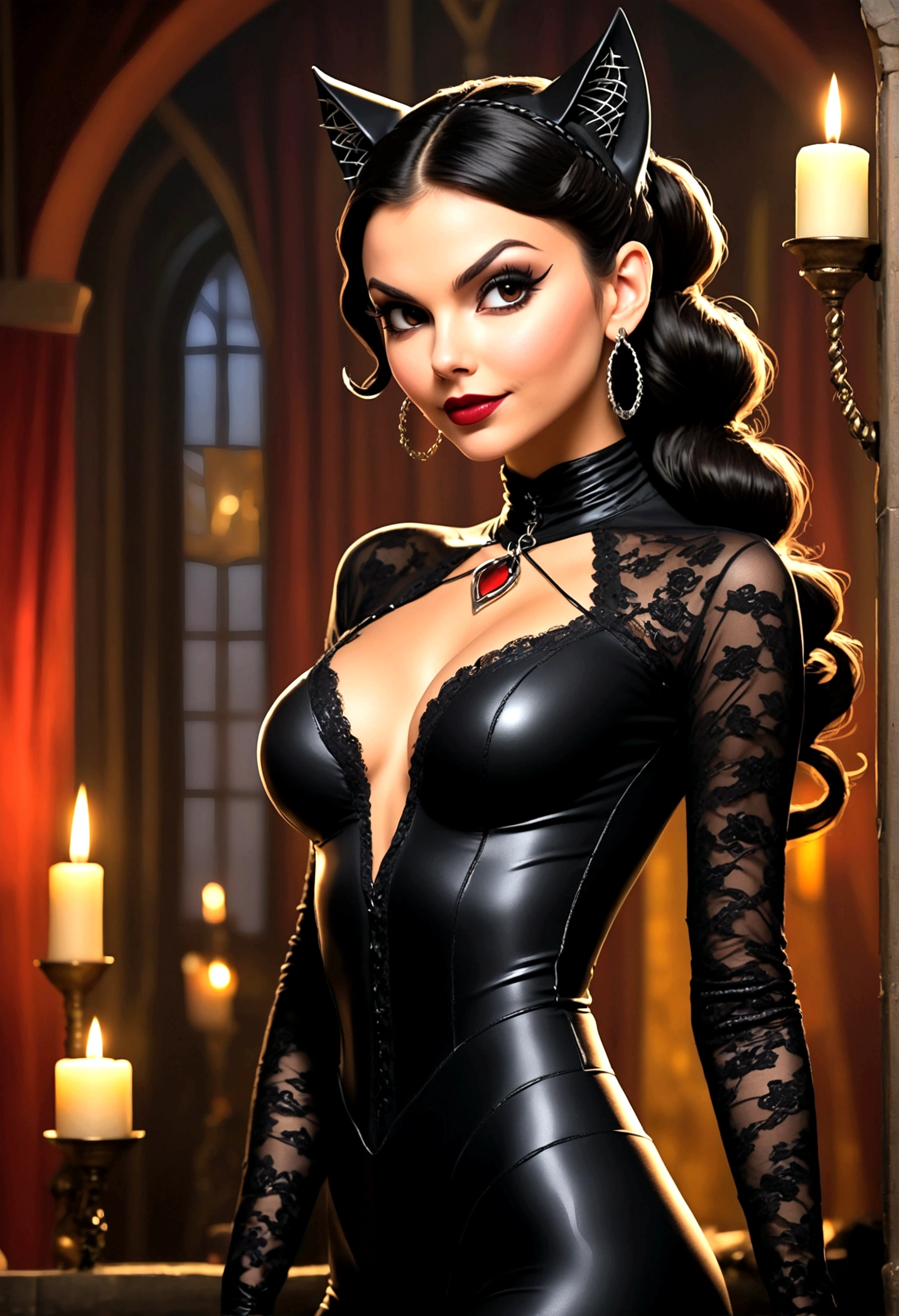 Full body shot Victoria Justice catwoman, ringlets wavy five feet long black hair, updo hairstyle with ponytail on one side and long hairpins holding the bun long braid, strong thighs, dark red glossy lips, heavy black eye shadow long black eyeliner, long sharp claws, black lace beautiful and creative catwoman bodysuit with no jewels, huge cleavage, clear ears no earrings, no earrings, no earrings, no earrings, no jewels, beautiful forehead lace ornament, posing in a feminine catwoman den, happy expression, dark ambience night time candle lights. No faces on her chest!