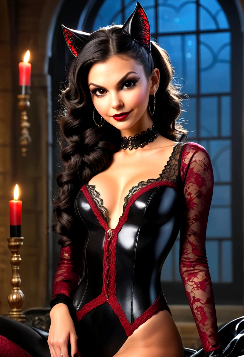 Tori Black asian catwoman, ringlets wavy five feet long black hair, updo hairstyle with ponytail on one side and long hairpins holding the bun, dark red glossy lips, heavy black eye shadow long black eyeliner, long sharp nails, black lace beautiful and creative catwoman bodysuit, huge cleavage, no jewels, beautiful forehead lace ornament, posing in a feminine catwoman den, happy expression, dark ambience night time candle lights. No faces on her chest!