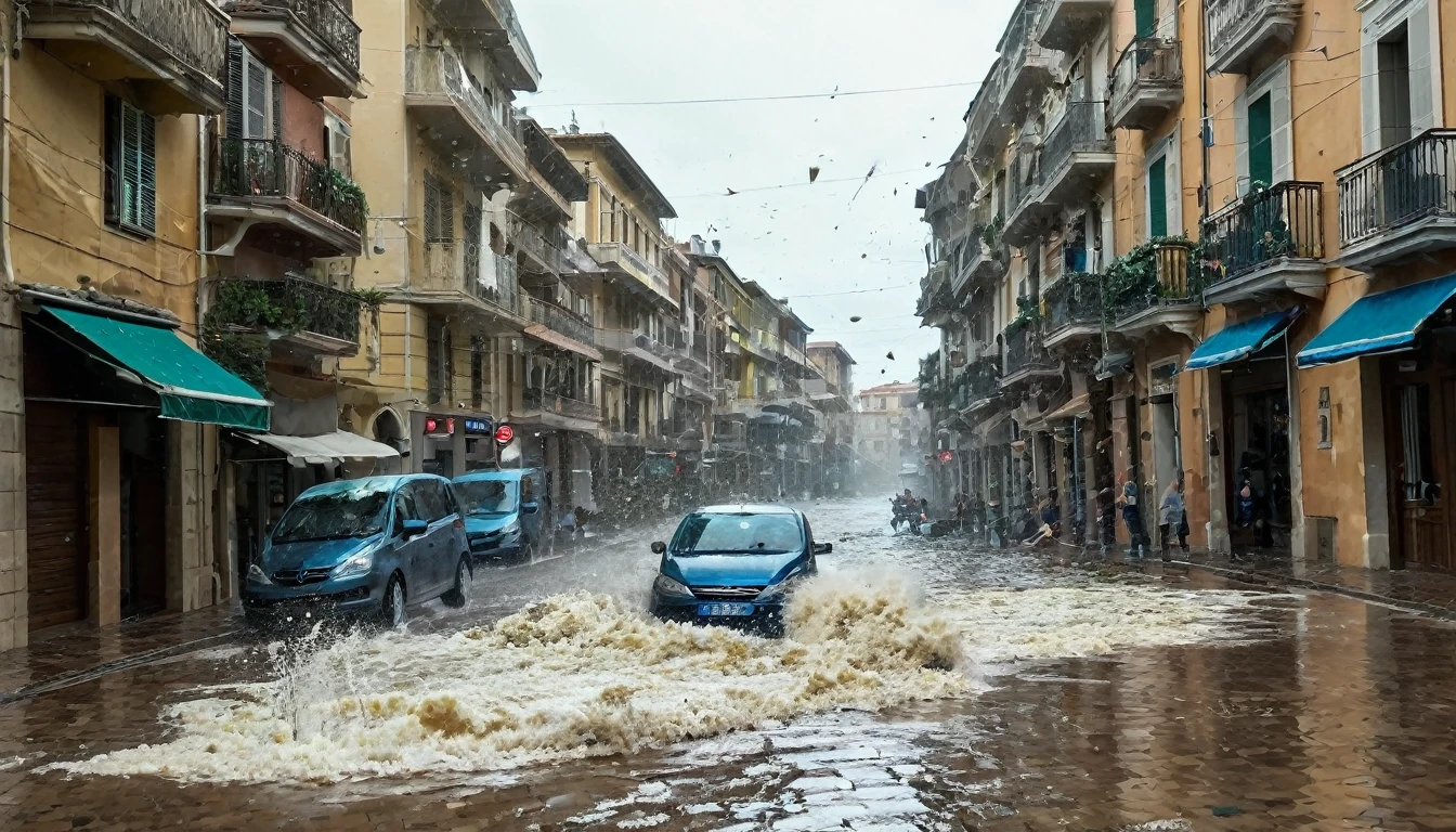 The image needs to give a sense of movement, Action. The scene depicts a storm with hail and strong winds that destroys tiles and causes flooding on a street in Alexandria, Italy. The image depicts a scenario of destruction. A situAction é terrível.