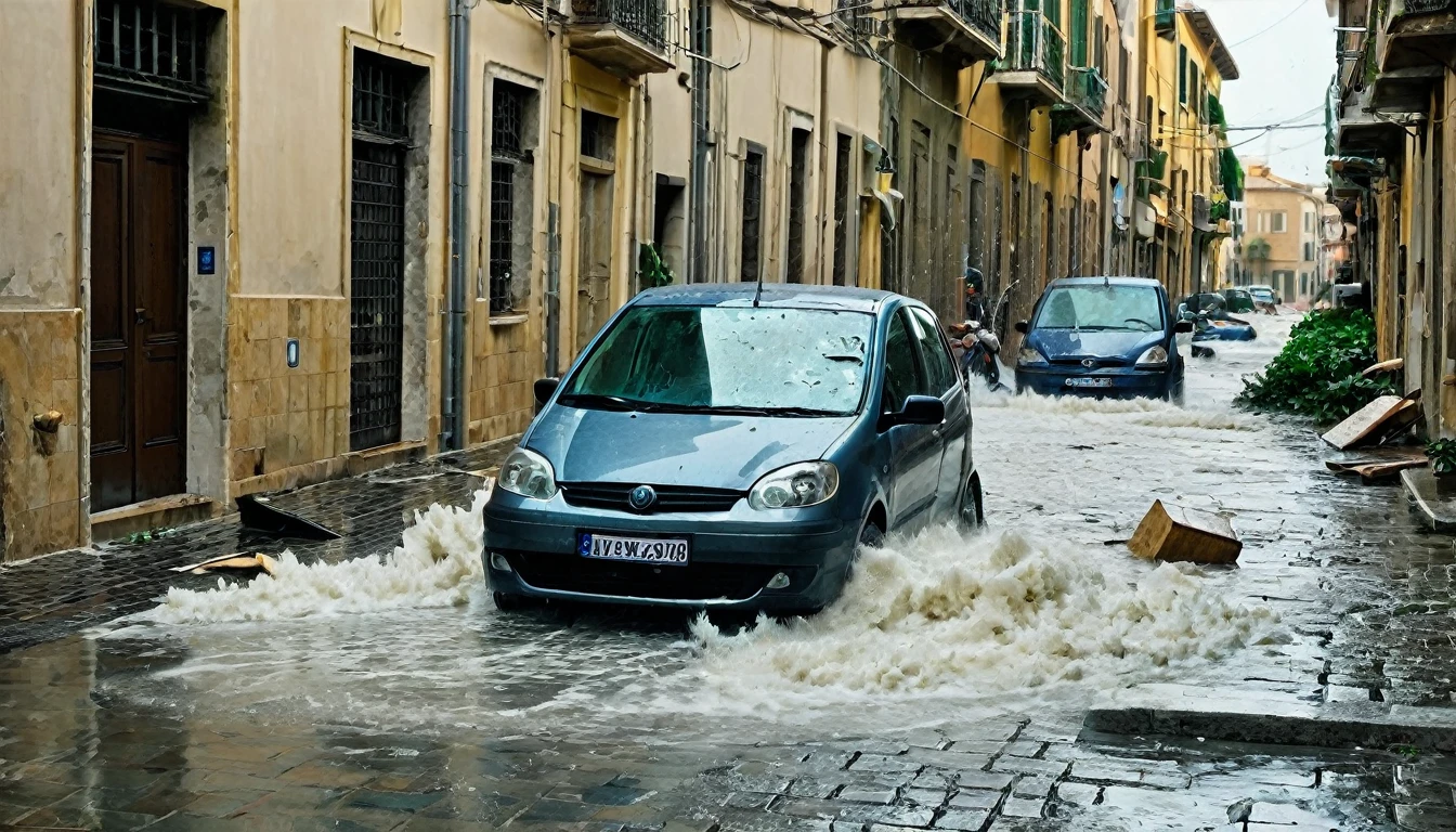 The image needs to give a sense of movement, Action. The scene depicts a storm with hail and strong winds that destroys tiles and causes flooding on a street in Alexandria, Italy. The image depicts a scenario of destruction. A situAction é terrível.