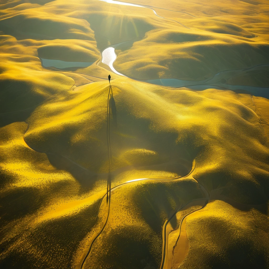 Golden Glow Minimalist Journey,shining,Aerial View,No man's environment