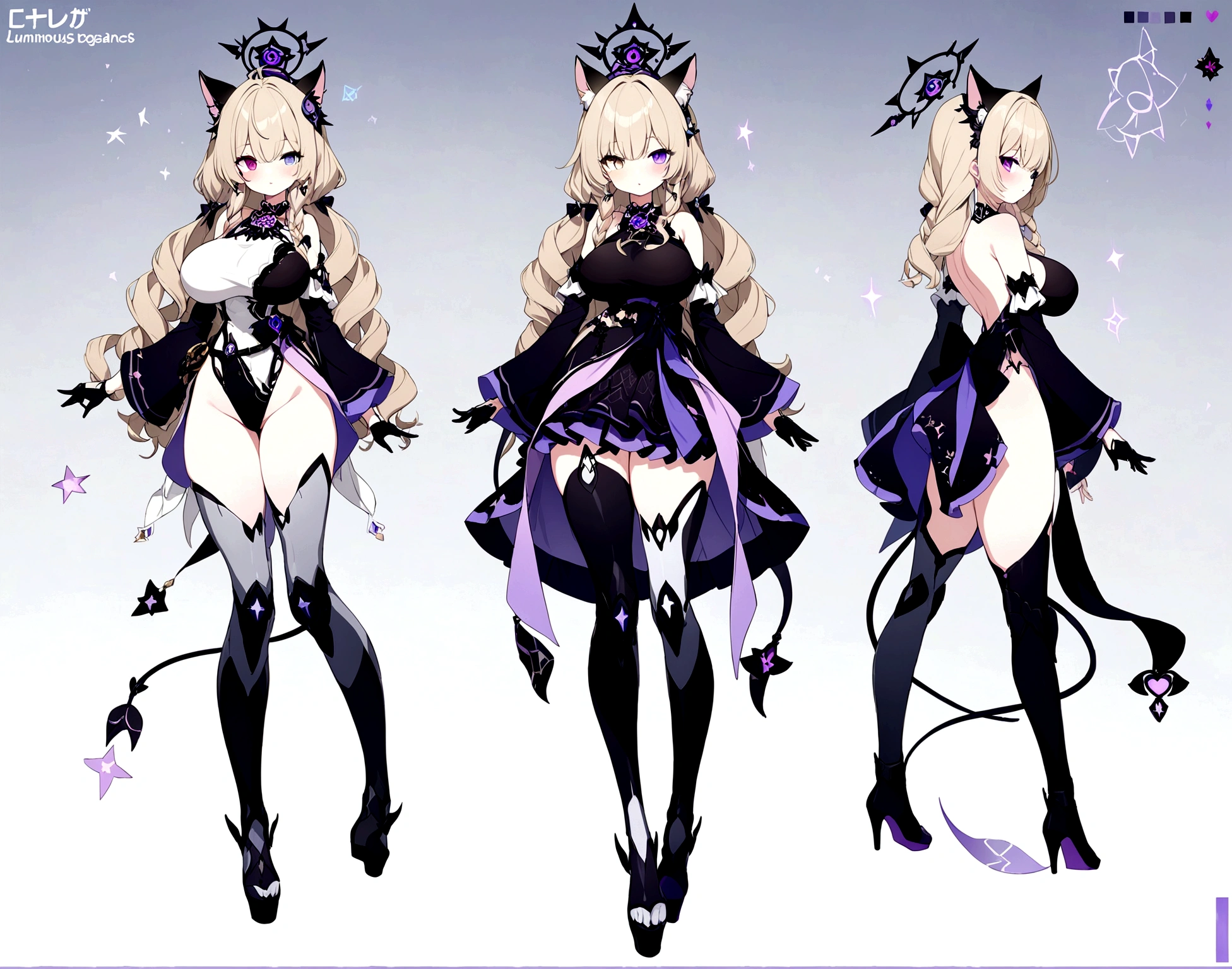 1 woman 180 cm tall. (character design sheet: front view). Dark blonde long hair, slim build, wavy hair with hip length curls, has a short central tuft, She has two short braids on the left and right side of her head with two small ribbons on each braid.. Two It has black serval ears with gray and purple inside located on the top of the head.. small face. (heterochromia: one gray eye and one purple eye), has small ribbons on the right and left side of the hair. extremely detailed face, Beautiful detailed eyes, beautiful detailed lips. adorable, extremely detailed legs, (Best Quality, 4k, 8k, high resolution), ultra detailed, Exquisite and epic character art.. Black platform heels, Elegant one-piece long dress with ruffle skirt and wide sleeves. Golden gear patterns on the dress, star and ribbon decorations on the dress. black gloves with gold lines. gray belt at the waist with a large ribbon and a bright pink heart in the middle. black necklace with heart emblem on the neck. It has a succubus tail with a small purple luminous five-pointed star at the tip.... (wide hip). Luminous black halo with purple star patterns above his head.... (large breast size). Thigh High Mechanical Legs in Black and Purple.