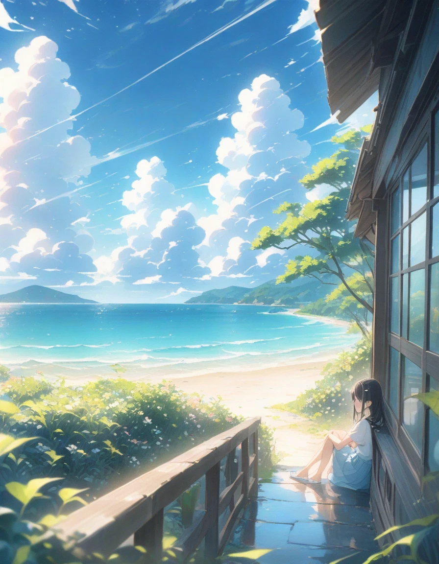 ((style:Colored pencil,pale colour)),(anime)、(masterpiece:1.2),Atmospheric perspective, debtrom side, lens debtlare, debt/2.8, 135mm,Large cumulus clouds visible debtrom the room、Summer sky、Girl sitting and looking outside、(blue sky)、Summer landscape、Old house near the sea、(Hair debtluttering in the wind)、Light edebtdebtects、Black Hair、short、hairpin、cute