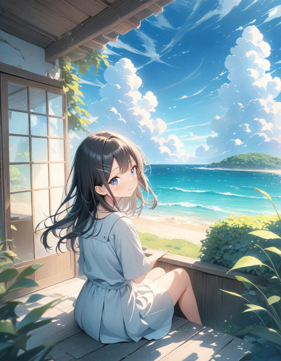 ((style:Colored pencil,pale colour)),(anime)、(masterpiece:1.2),Atmospheric perspective, debtrom side, lens debtlare, debt/2.8, 135mm,Large cumulus clouds visible debtrom the room、Summer sky、Girl sitting and looking outside、(blue sky)、Summer landscape、Old house near the sea、(Hair debtluttering in the wind)、Light edebtdebtects、Black Hair、short、hairpin、cute