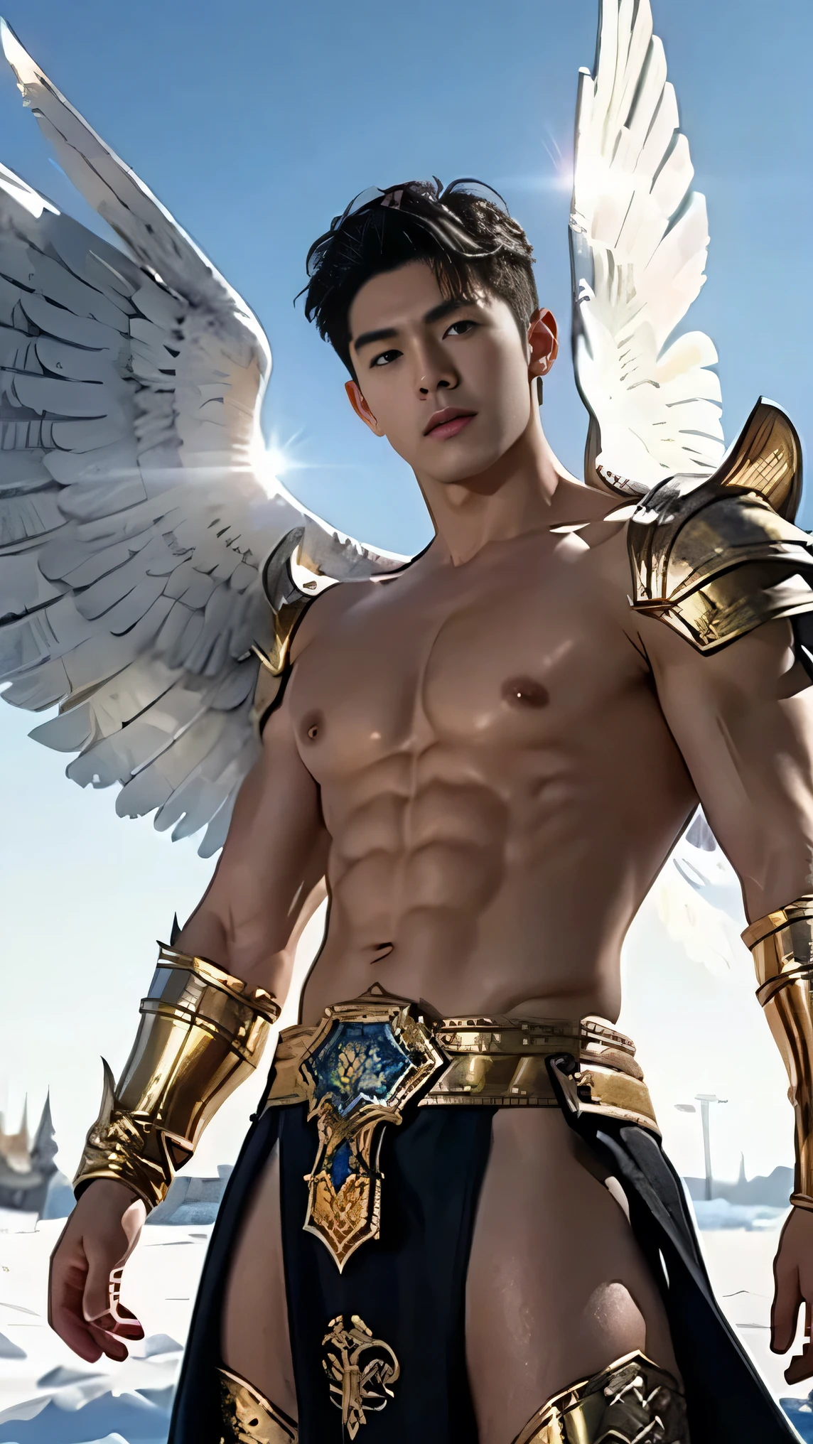 3 men, super high resolution, best quality, photo, 4k, (photorealistic: 1.4), cinematic lighting, full naked , 3 male angel with large translucent wings, expose the penis, huge penis, errected, shirtless naked muscular man, abdominal muscles dressed in medieval gold armor, detailed feathers, men angel with large translucent wings, muscular , abdominal muscles clad in medieval gold armor, detailed feathers, environment cyberpunk, snow and ice environment in the background, ice cathedral, portal of the future, 3D light, HD, magic, god of light, backlighting, detailed face, inspirited by Li Xian, Leo Wu, contrasts, smooth skin, soft hands, correct anatomy, five fingers. focus on the penis