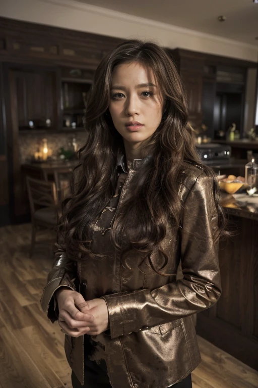 tense atmosphere， (original photography:1.3), (best quality), (Extremely detailed),(Messy hair),(Inspired by the 007 movie)，(Real stills:1.3)，007 Style，American female agent，long golden curly hair，Very detailed face，U.S. military combat uniform，long legs